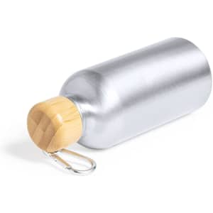 A drink bottle with a silver body and a wooden cap, featuring a metal carabiner.