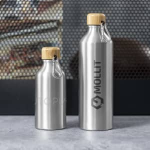 A drink bottle collection, featuring two stainless steel bottles with wooden caps and a logo, set against a textured background.