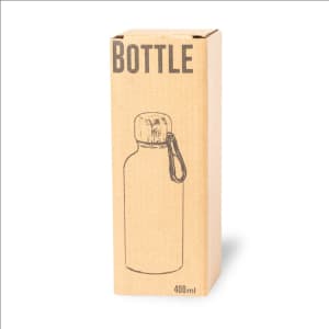 A drink bottle in a cardboard packaging, featuring a simple design with a cap and a loop, in a neutral colour scheme.