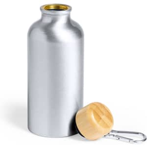 A drink bottle made of silver metal with a wooden cap and a metal clip. It features a sleek, cylindrical design.
