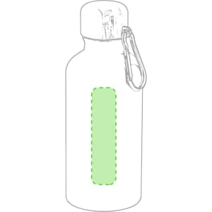 A drink bottle in a sleek design, featuring a metal finish and a carabiner, with a green accent area.