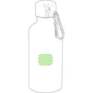 A drink bottle with a sleek design, featuring a carabiner and a light green area for branding.
