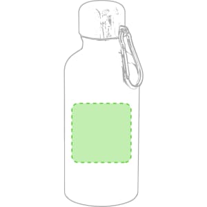 A green drink bottle with a carabiner and an empty area for branding. The bottle features a sleek design.