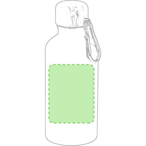 A drink bottle with a silver body and a green area for branding or design, featuring a carabiner attachment.