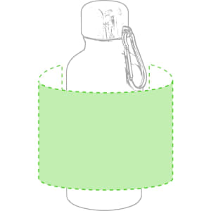 A drink bottle with a pale green sleeve and a metal clip, featuring a simple round shape and a screw-on lid.