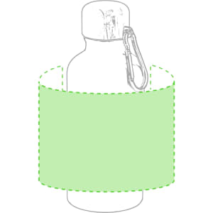 A drink bottle in a minimalist design with a carabiner, featuring a light green sleeve. It has a logo.