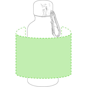 A drink bottle in white with a green sleeve and a carabiner, featuring a logo.