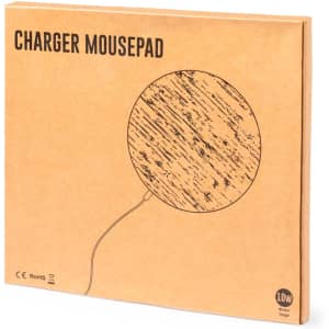 A round, wooden-patterned wireless charger mousepad in a cardboard package. It has a connected charging cable.