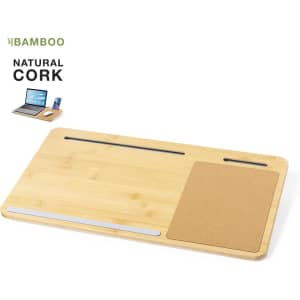 A bamboo mousepad with a cork section, featuring a sleek design and a built-in space for devices.
