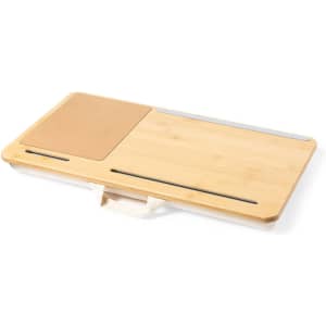 A wooden organiser mousepad in natural tones, featuring a textured section and slots for storage.