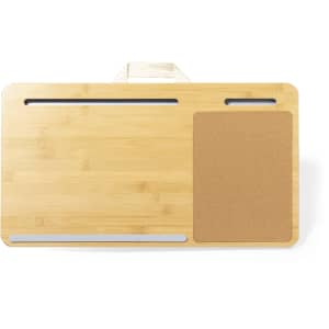 A bamboo mousepad with a cork section, featuring slots for organisation. Natural wood tones and a minimalist design.