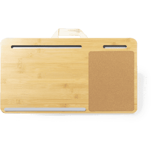A bamboo mousepad with cork and grey details, featuring compartments for organising office supplies.