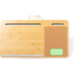 A bamboo mousepad featuring a cork section and slots for pens, in natural wood tones and earthy colours.