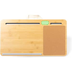 A bamboo mousepad with a cork section and a slot for organising items, featuring a logo.