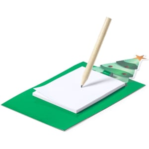 A green notepad with a white pad and a pencil, topped with a festive tree design.