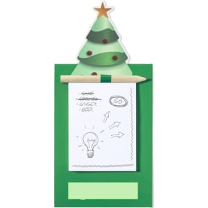 A green Christmas tree-shaped magnetic note holder with a notepad and pencil attached.
