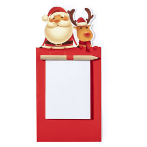 A red magnetic to-do list with a Santa and reindeer design, featuring a blank notepad and pencil.