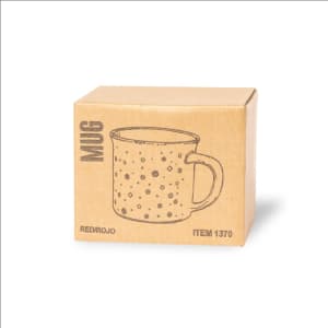 A package containing a coffee mug with a speckled design, featuring a handle and an illustration on the box.