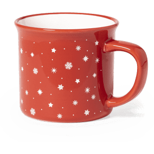 A red mug featuring white snowflakes and stars, with a sturdy handle and a glossy finish.