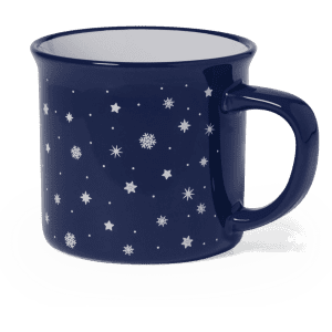 A navy blue coffee mug with a rounded shape and a handle, decorated with white snowflakes and stars.