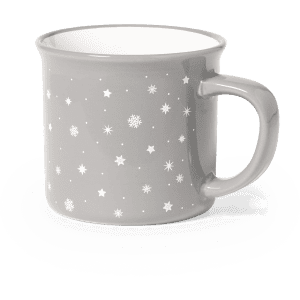 A grey mug featuring a pattern of white stars and snowflakes, with a smooth finish and a sturdy handle.