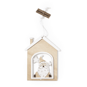 A wooden Christmas decoration shaped like a house, featuring a Santa design and star cutouts, in natural tones.
