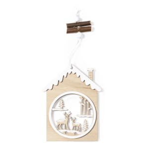 A wooden Christmas decoration featuring a house design with reindeer, trees, and a snowy roof in natural tones.