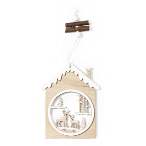 A wooden Christmas decoration shaped like a house, featuring reindeer and trees in a circular cut-out design.