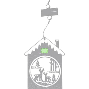 A silver metal Christmas decoration in the shape of a house, featuring deer and trees in a winter scene.