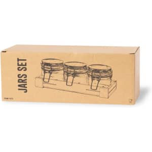 A jar set in a cardboard box featuring three glass jars with metal clamps. The packaging has a simple, natural colour scheme.