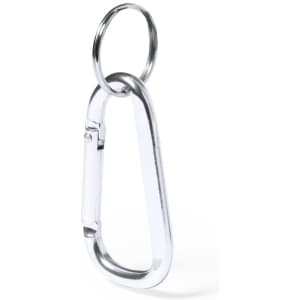 A silver carabiner with a keyring attachment, featuring a simple, sleek design.