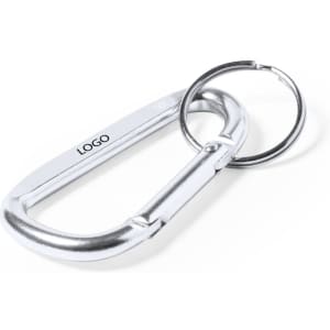 A silver carabiner with a keyring, featuring a small logo. The design is sleek and functional.