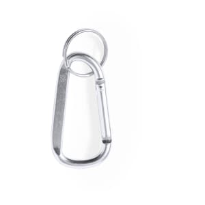 A silver carabiner with a keyring attached, featuring a sleek, metal design.