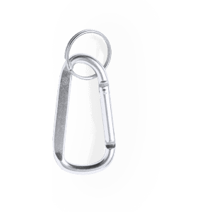 A silver carabiner with a keyring attachment, featuring a sleek, minimalist design.