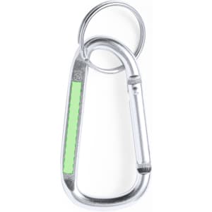 A silver carabiner keyring with a green strip, featuring a metal loop for attachment.
