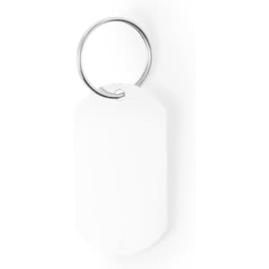 A keyring with a silver metallic ring and a rectangular white tag. It features a branding logo.