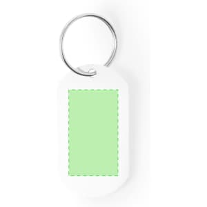 A green rectangular keyring with a silver metal ring. The keyring has a white border and a blank area for customisation.