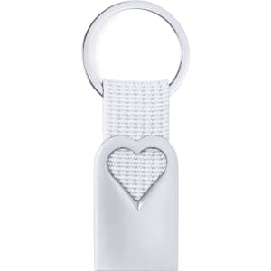 A silver keyring featuring a white woven strap and a heart-shaped cutout design.