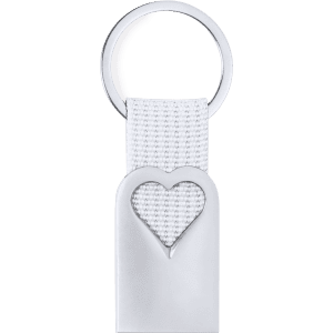A silver keyring featuring a textured strap and a heart-shaped cutout. It includes a branding logo.