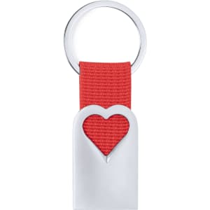 A silver keyring with a heart cutout and a red fabric strap. It features a circular metal ring for attaching keys.
