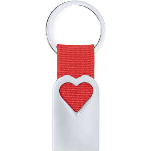 A silver keyring with a red fabric strap featuring a heart-shaped cutout in the design.