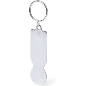 A metallic keyring featuring a smooth, elongated design with a circular end. Includes a simple keyring attachment.