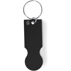 A black keyring coin with a simple design and a metal ring for attachment.