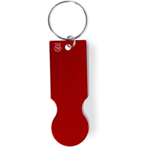 A red keyring coin featuring a round loop for keys. It has a simple, flat design and includes a branding logo.