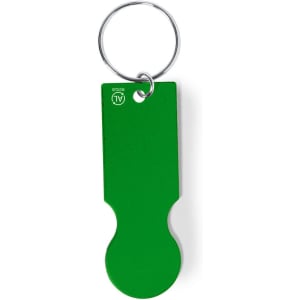 A green keyring coin with a circular metal ring, designed for holding keys or small items.