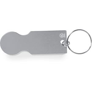 A silver keyring coin featuring a sleek, minimal design with a circular end and a metal keyring attachment.