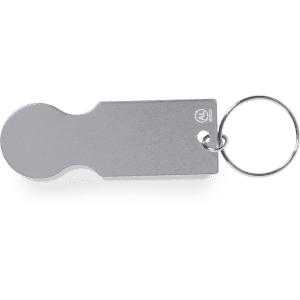 A silver keyring coin with a circular end and a flat, rectangular handle, attached to a metal ring.