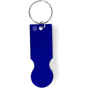 A blue keyring coin with a rounded design and a metal keyring attachment. It features a logo on the surface.