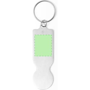 A metallic keyring coin with a circular end and a rectangular space for customisation. It has a keyring attachment.