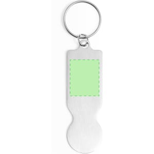A silver keyring in a unique shape with a rectangular area for customisation.